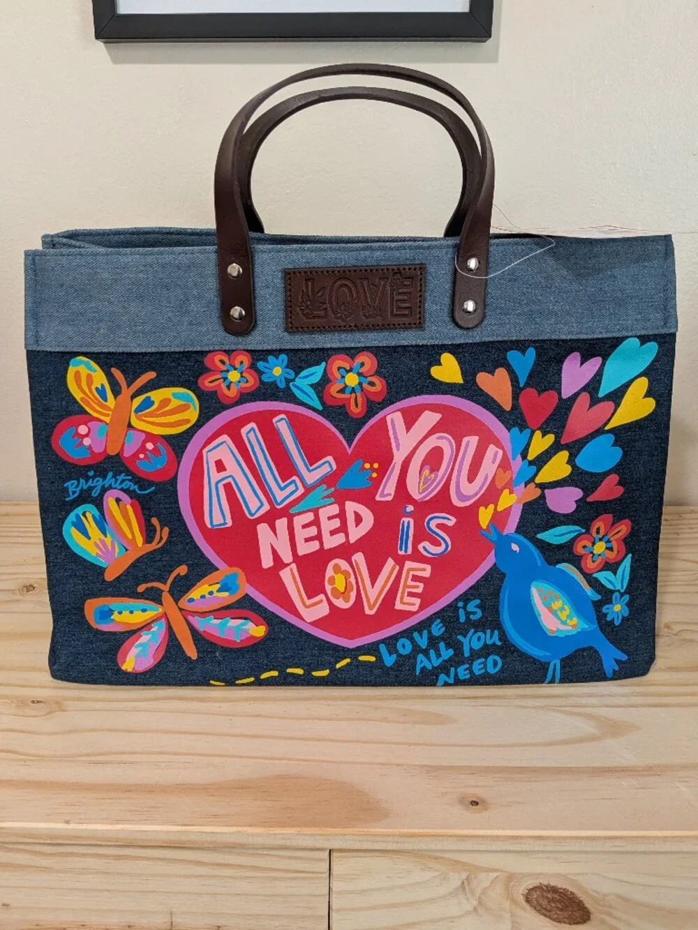 Brighton All You Need Is Love East West Denim Tote Bag NWT Crossbody